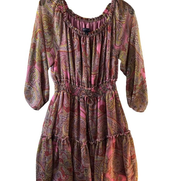 Tommy Hilfiger Pink Paisley Off-Shoulder Dress Size 10 Elastic Waist 3/4 Sleeves - Picture 2 of 16